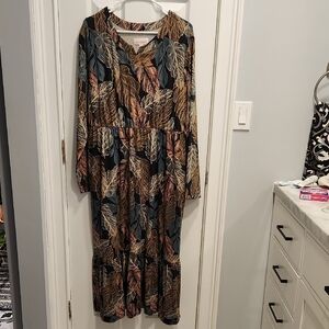 STAN HERMAN SUEDED JERSEY TIERED MAXI DRESS SZ L FLORAL PRINT NEW